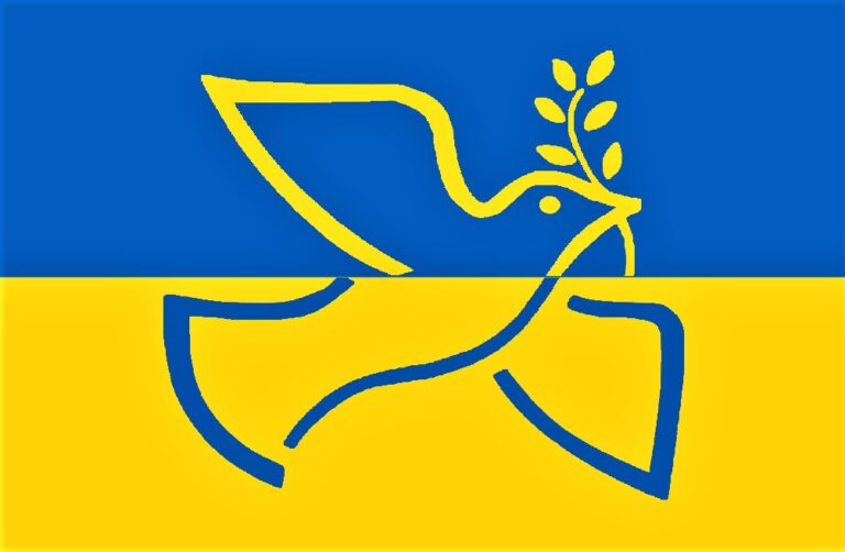 Frieden für die Ukraine, die Staatsflagge mit Friedenstaube