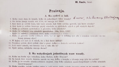 Foto lista Jaroměra Hendricha Imiša wot 4. nowembra 1884 ewangelskim fararjam sakskeje Hornjeje Łužicy z naprašnikom za Mukowu statistiku. Foto: Lubina Malinkowa, z přećelnej dowolnosću Bartskeje wosady (wozjewjene w Lětopisu 72/2025, DOI: https://doi.org/10.59195/lp.2025.72-22)