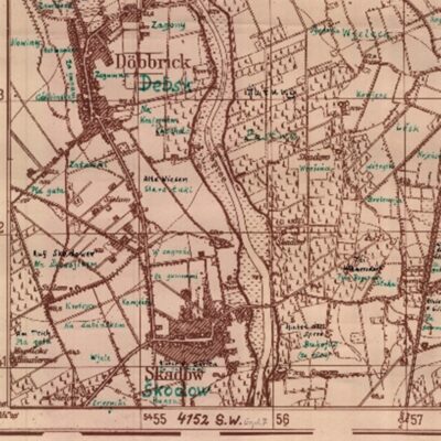 Flurnamensammlung von E. Tschernik, Ausschnitt aus Karte Nr. 4152CII (Sorbisches Kulturarchiv, XXXII Nachlass Arnošt Černik/Ernst Tschernik (1910–1988) – Projekt „Bevölkerungsstatistik der sorbischen Lausitz“ 1954–1958)