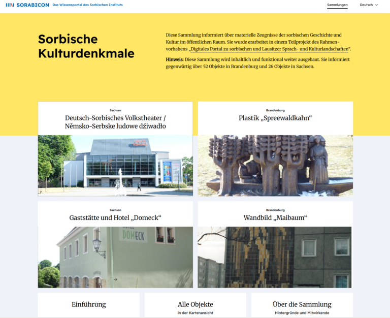 screenshot online-zběrki ''Serbske kulturne pomniki'' na portalu sorabistiskego wěźenja SORABICON Serbskego instituta 