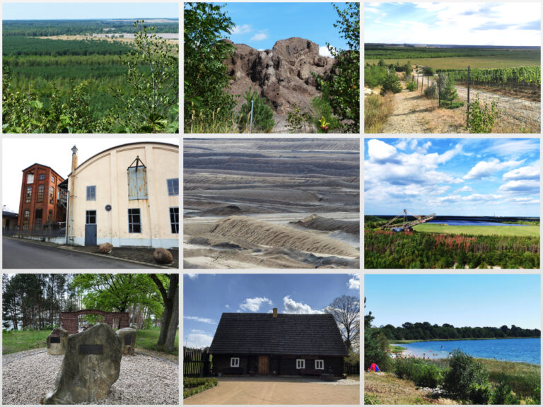 Die Collage umfasst 9 Fotografien, die die Tagebaufolgelandschaft abbilden. Auf einigen der Bilder ist viel grüne Natur zu sehen, andere sind eher geprägt von der Industrie und ihren Folgen - z.B. eine große Maschine oder Ruinen von Industriehallen.