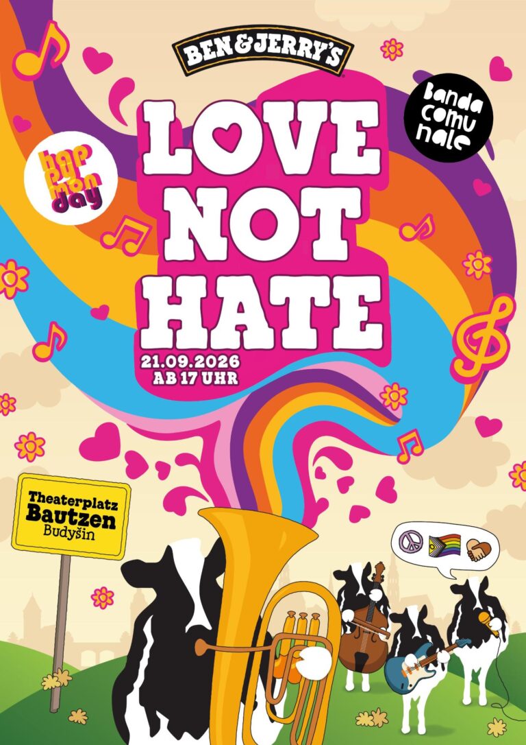 Plakat zarjadowanjow Happy Monday - Love not Hate, pisany pozadk, 4 kruwy z instrumentami